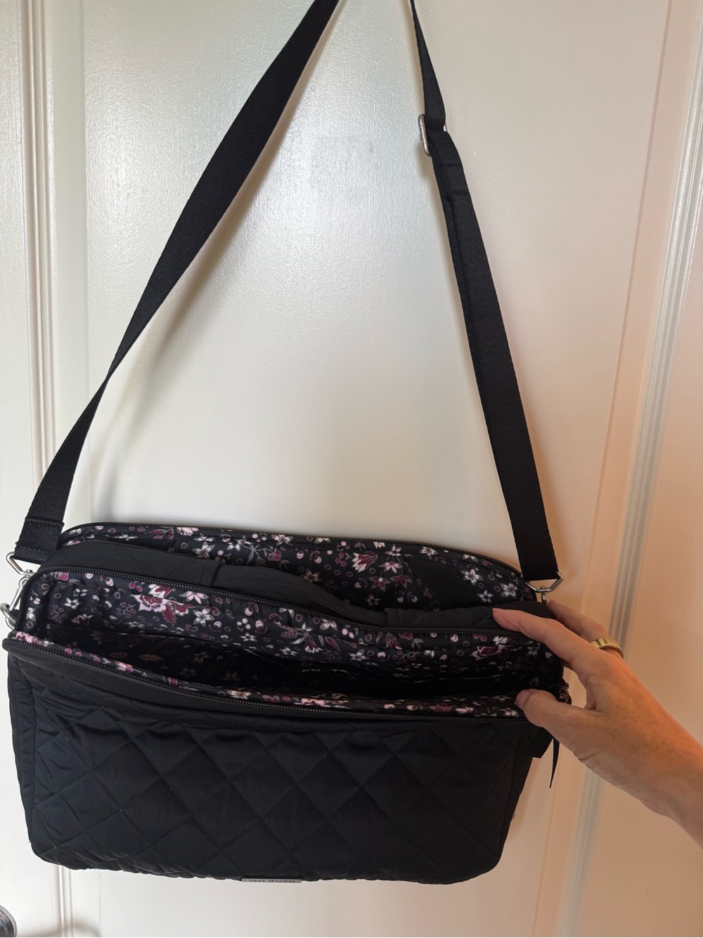 Vera Bradley Black Quilted Laptop Briefcase Bag with Pink Floral Interior